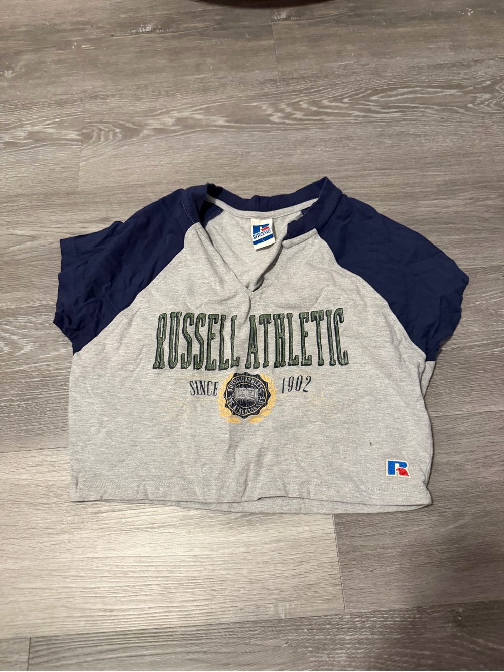 Russell Athletic Grey Tee with Navy Raglan Sleeves